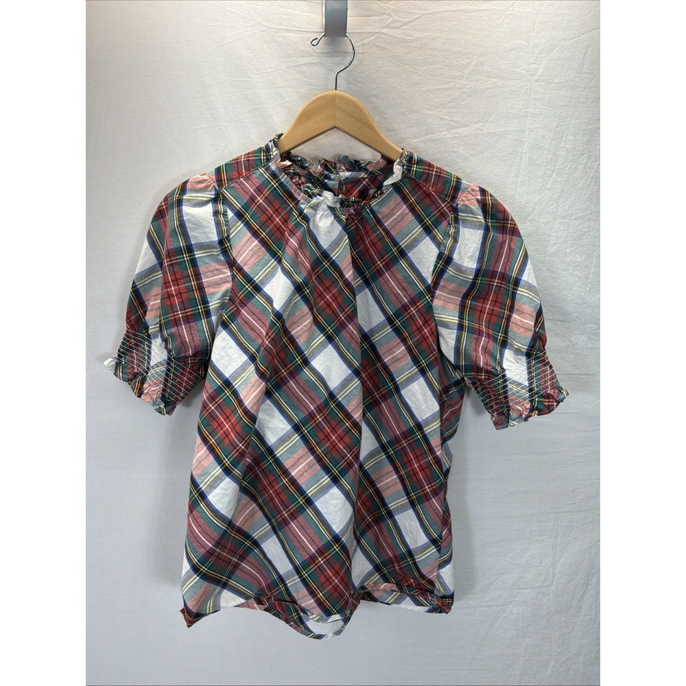 J. Crew Puff-Sleeve Cotton Poplin Top Snowy Stewart Tartan Holiday Festive Sz S
